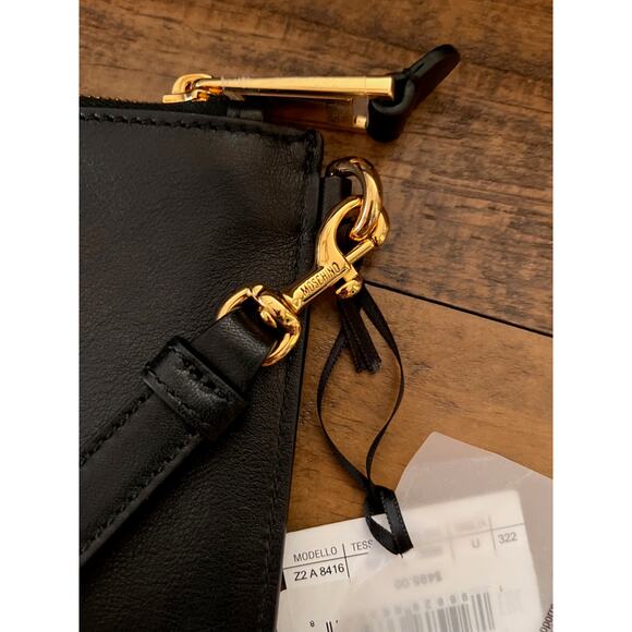 MOSCHINO Couture Logo Zip Pouch Wristlet Black Leather With Dust bag NWT - Picture 5 of 12